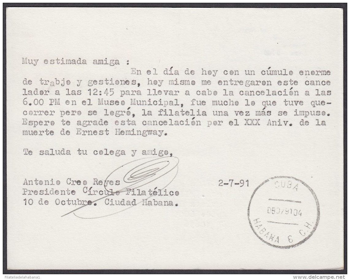 1991-CE-37 CUBA 1991 SPECIAL CANCEL. 30 ANIV MUERTE HEMINGWAY. TORNEO PESCA AGUJA. MARLIN FISHING. - Lettres & Documents