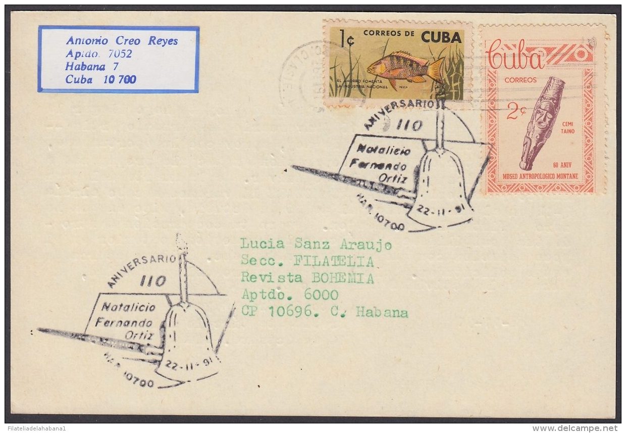 1991-CE-38 CUBA 1991 SPECIAL CANCEL. 110 ANIV NACIMIENTO DE FERNANDO ORTIZ. ETNOLOGIA. - Cartas & Documentos