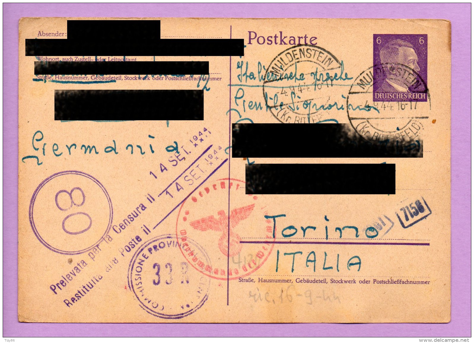 Storia Postale -  Franchigia Dalla Germania Per L'Italia 1944 (SP3) - Portofreiheit