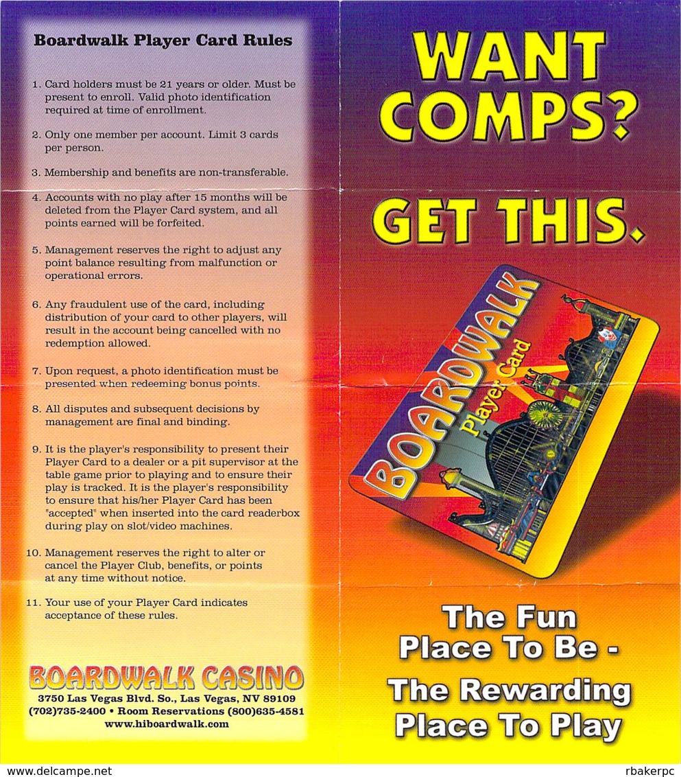 Boardwalk Casino - Las Vegas, NV - Paper Player Card Rules / Brochure - Advertising