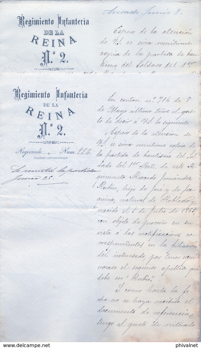 1885 , DOS DOCUMENTOS CON MEMBRETE DEL REGIMIENTO DE INFANTERIA DE LA REINA Nº 2, FIRMA DEL CORONEL DEL REG. - Documentos Históricos