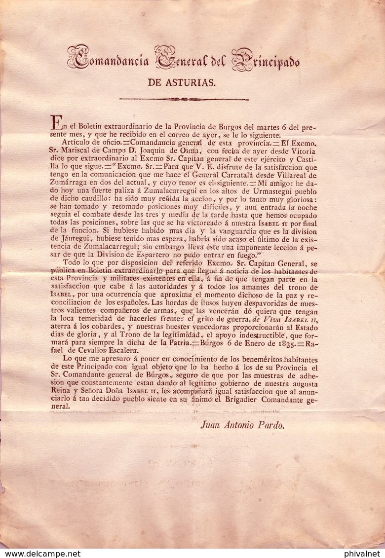 1835 , 1ª GUERRA CARLISTA , COMANDANCIA GENERAL DEL PRINCIPADO , ZUMALACARREGUI EN LOS ALTOS DE URMASTEGUI - Historische Dokumente