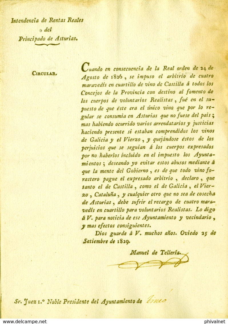 1829 , INTENDENCIA DE RENTAS REALES , ARBITRIO DE 4 MARAVEDIS EN CUARTILLO DE VINO DE CASTILLA - Documentos Históricos