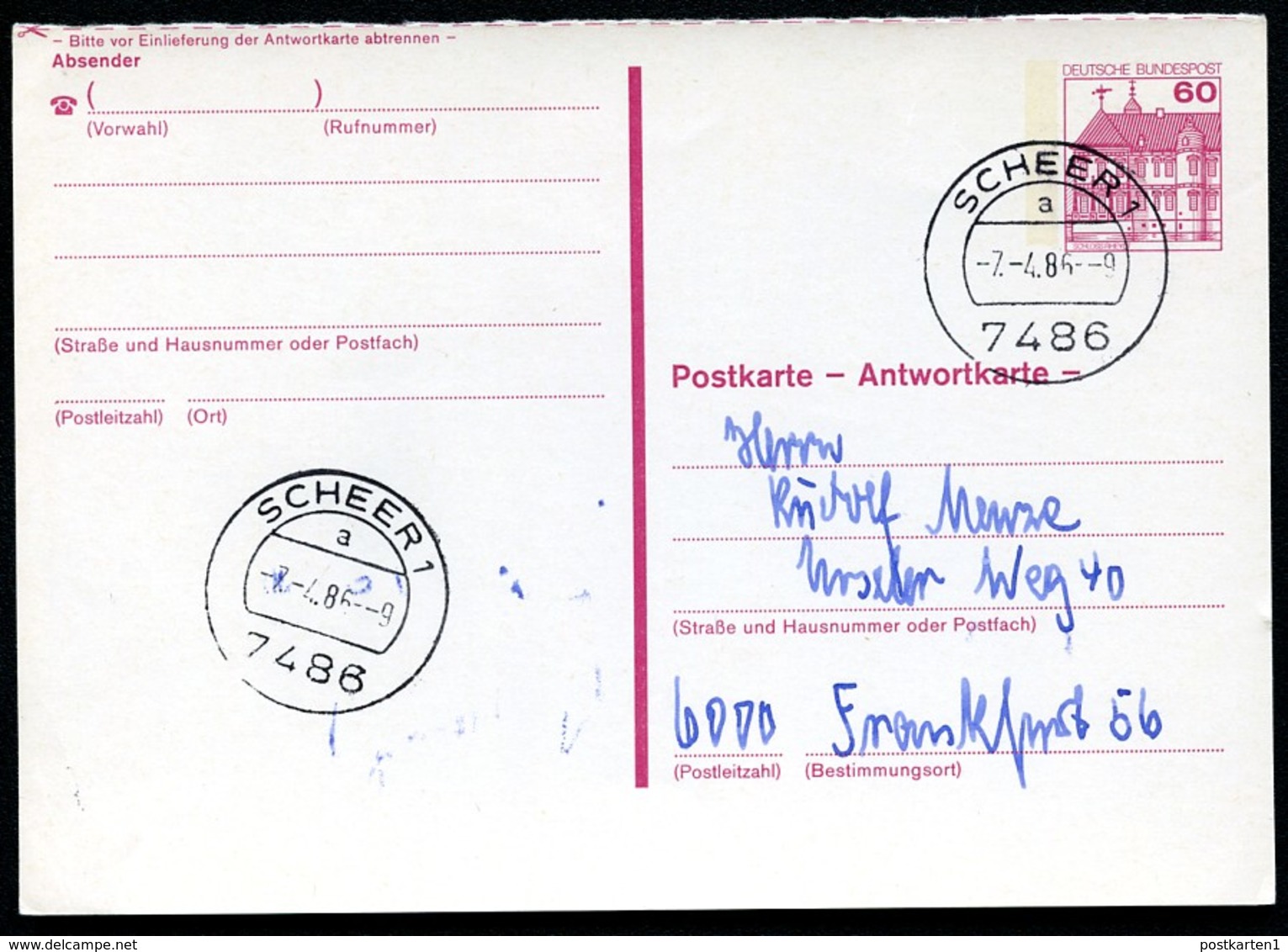 BUND P137 AI  Antwort-Postkarte Gebraucht Scheer 1986 - Postkarten - Gebraucht