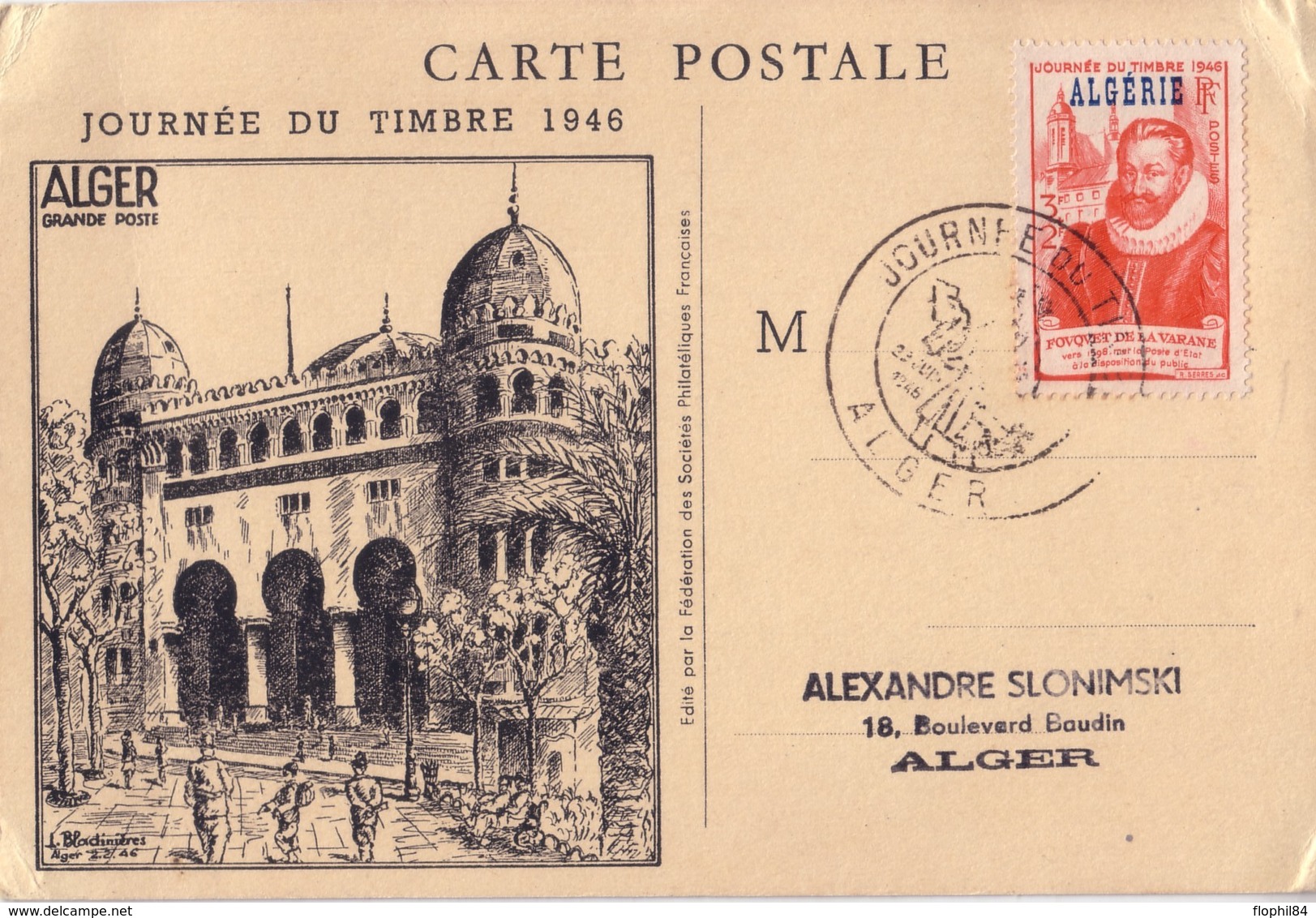 ALGERIE - ALGER - JOURNEE DU TIMBRE 1946 - COTE 25€ - FROISSURE D'ANGLE. - FDC