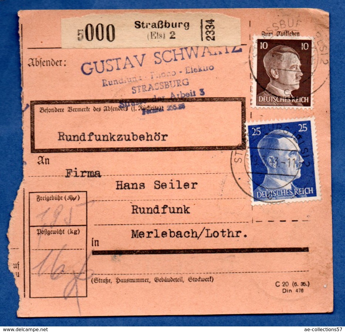 Allemagne - Colis Postal  -  Départ Strasbourg  - 20/3/1943 - Lettres & Documents