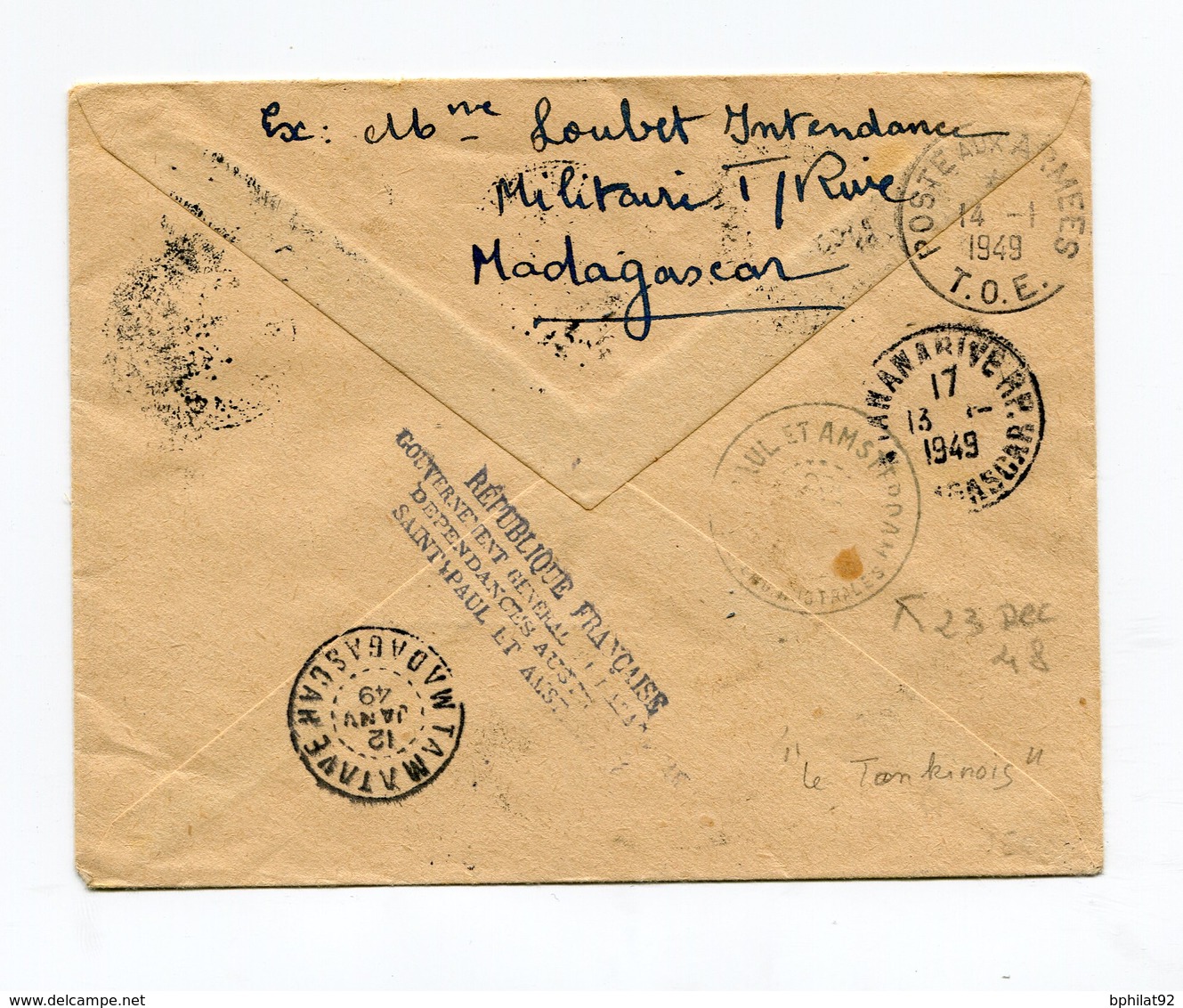 !!! LETTRE DE MADAGASCAR DE 1948 POUR ST PAUL ET AMSTERDAM, GRIFFE AU DOS - ...-1955 Préphilatélie