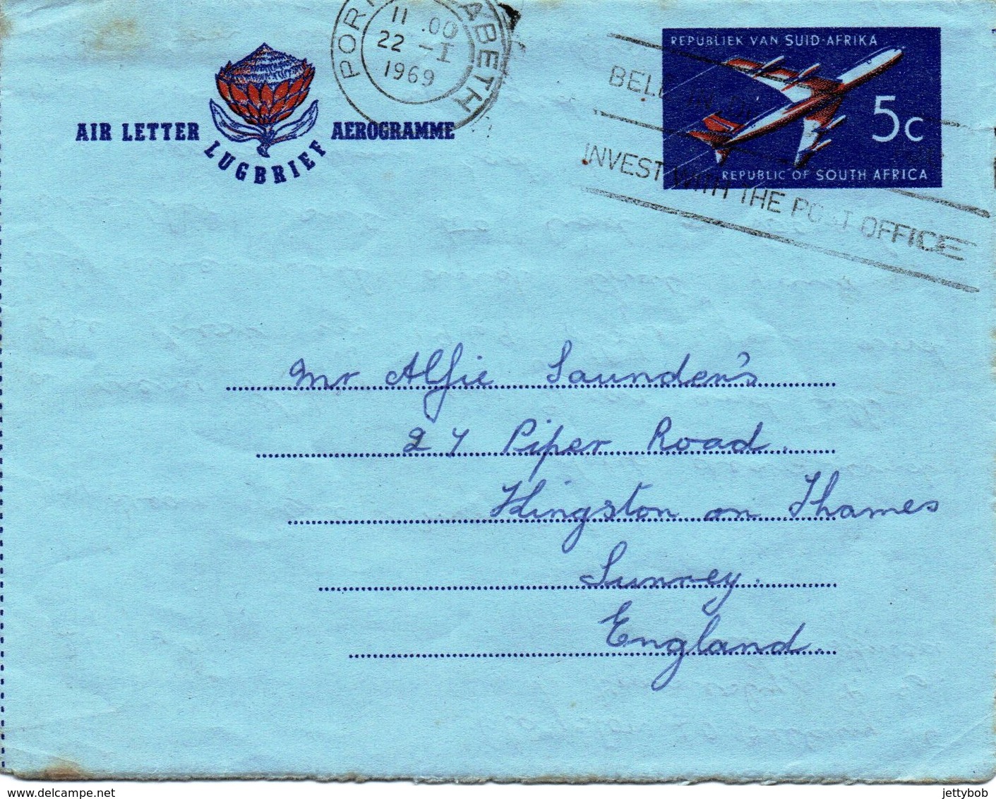 SOUTH AFRICA 1969 Air Letter Used From Port Elizabeth To Kingston-on-Thames England - Aéreo