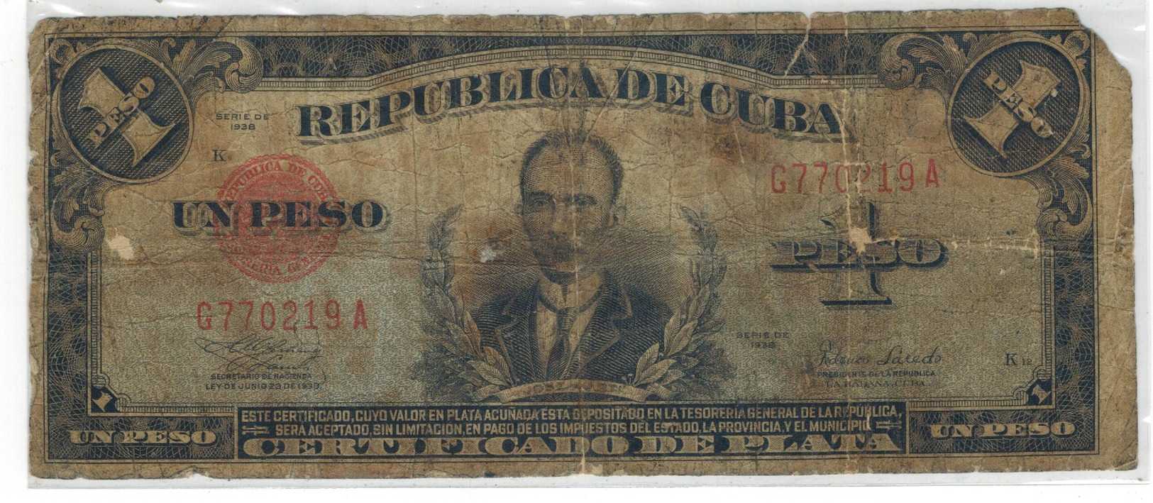 Cuba 1 Peso 1938,  G/VG,  Free Econ. Ship. To USA , NO PAYPAL. - Cuba