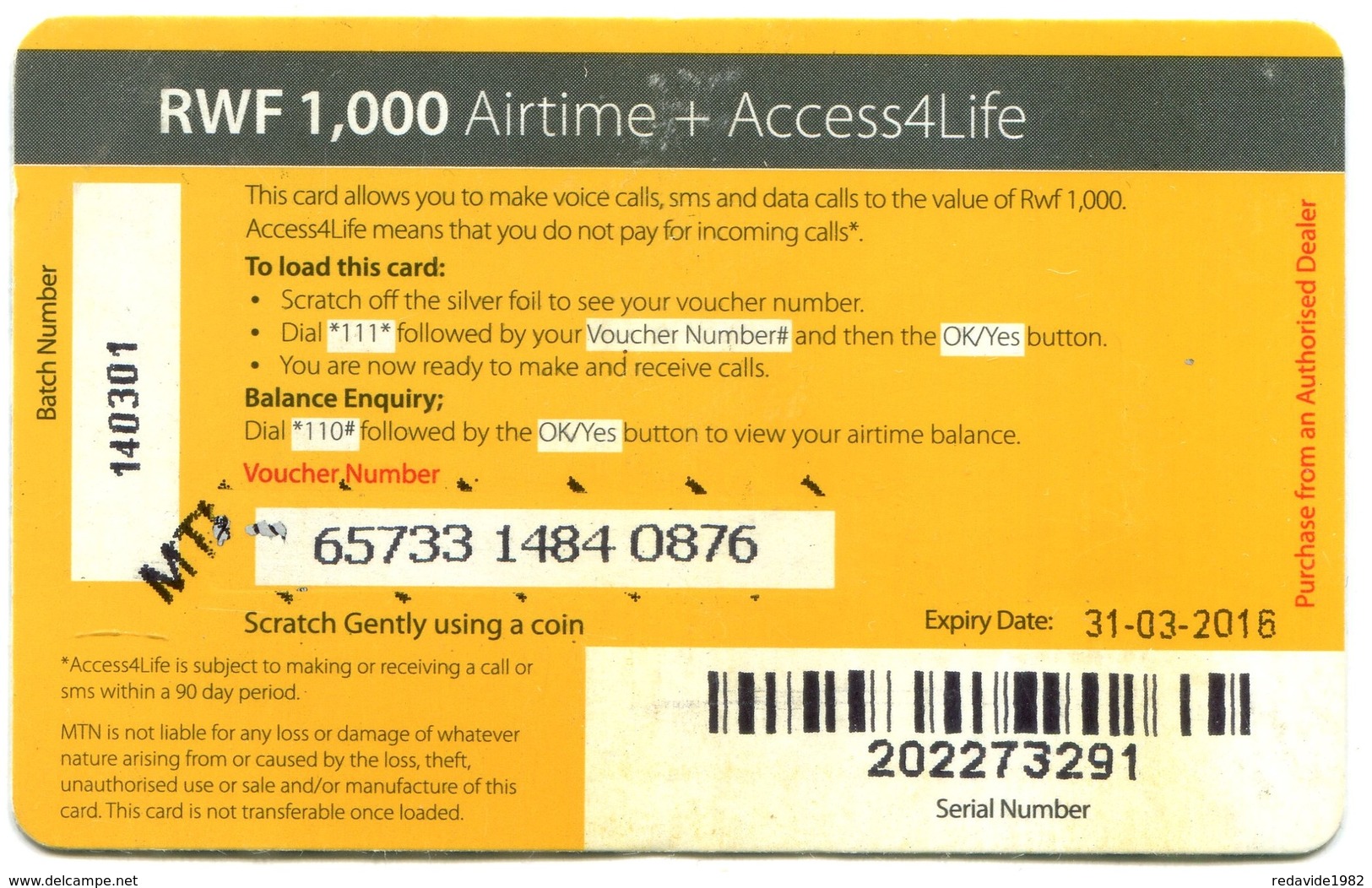 Rwanda MTN Airtime + Access4Life 1000 RWF (exp. 31/03/2016) - Rwanda