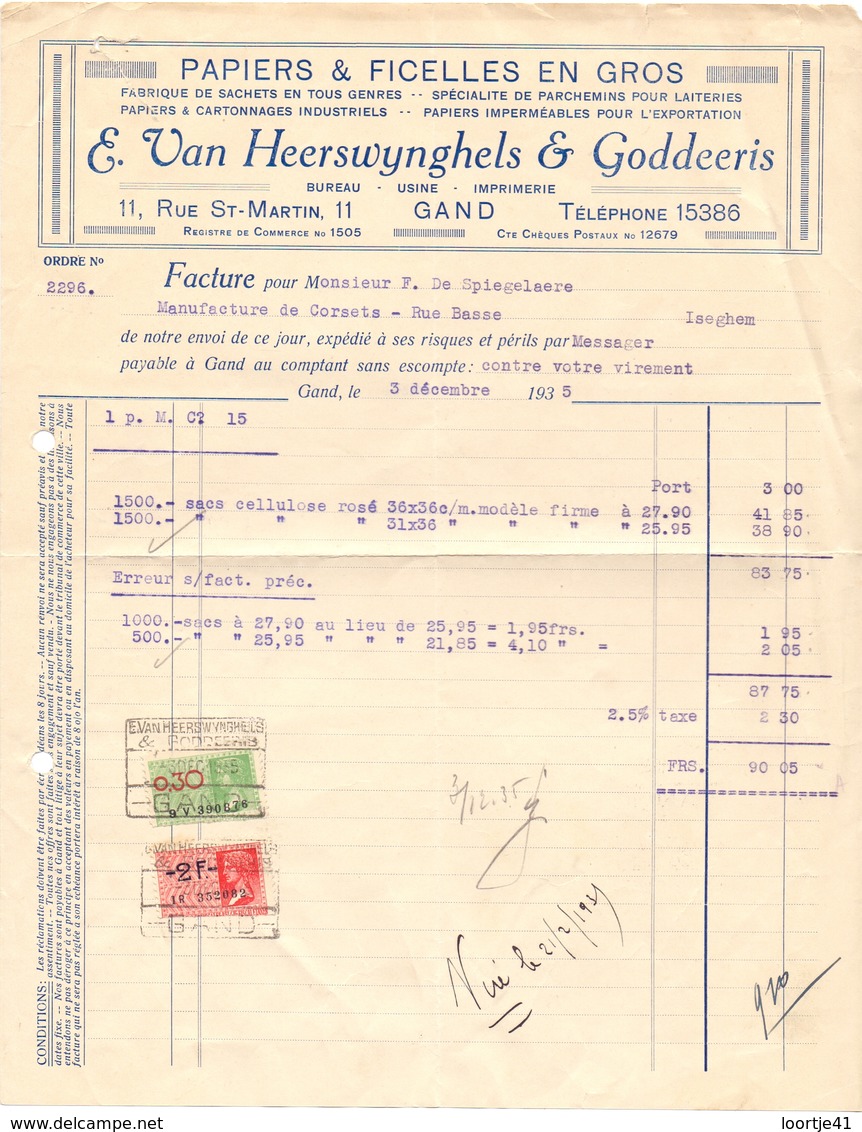 Factuur Facture - Papiers & Ficelles - E. Van Heerswynghels & Godderis - Gand Gent 1935 - Printing & Stationeries
