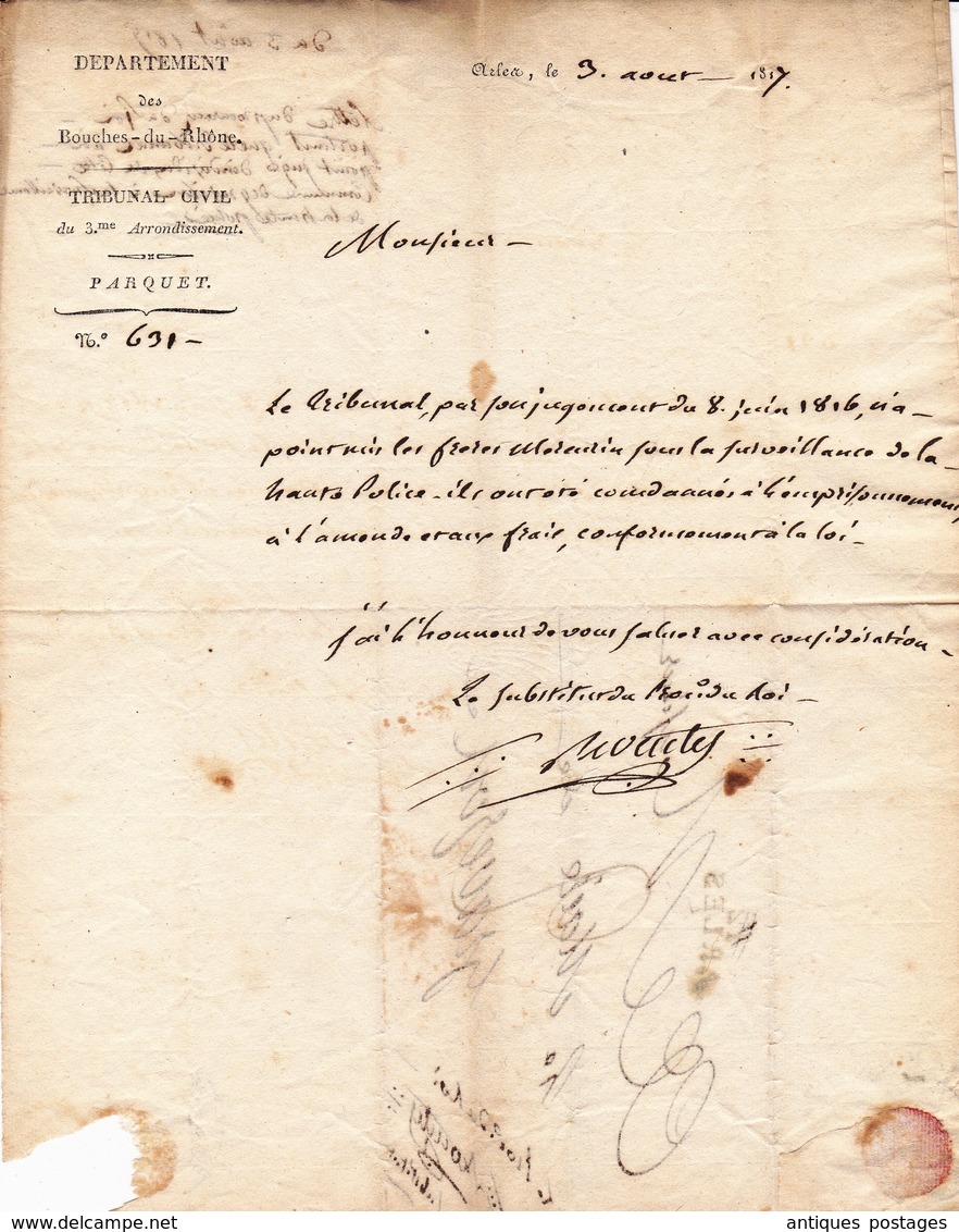 Lettre 1817 ARLES pour Mairie de GRAVESON Bouches-du-Rhône Tribunal Civil Parquet Procureur du Roi