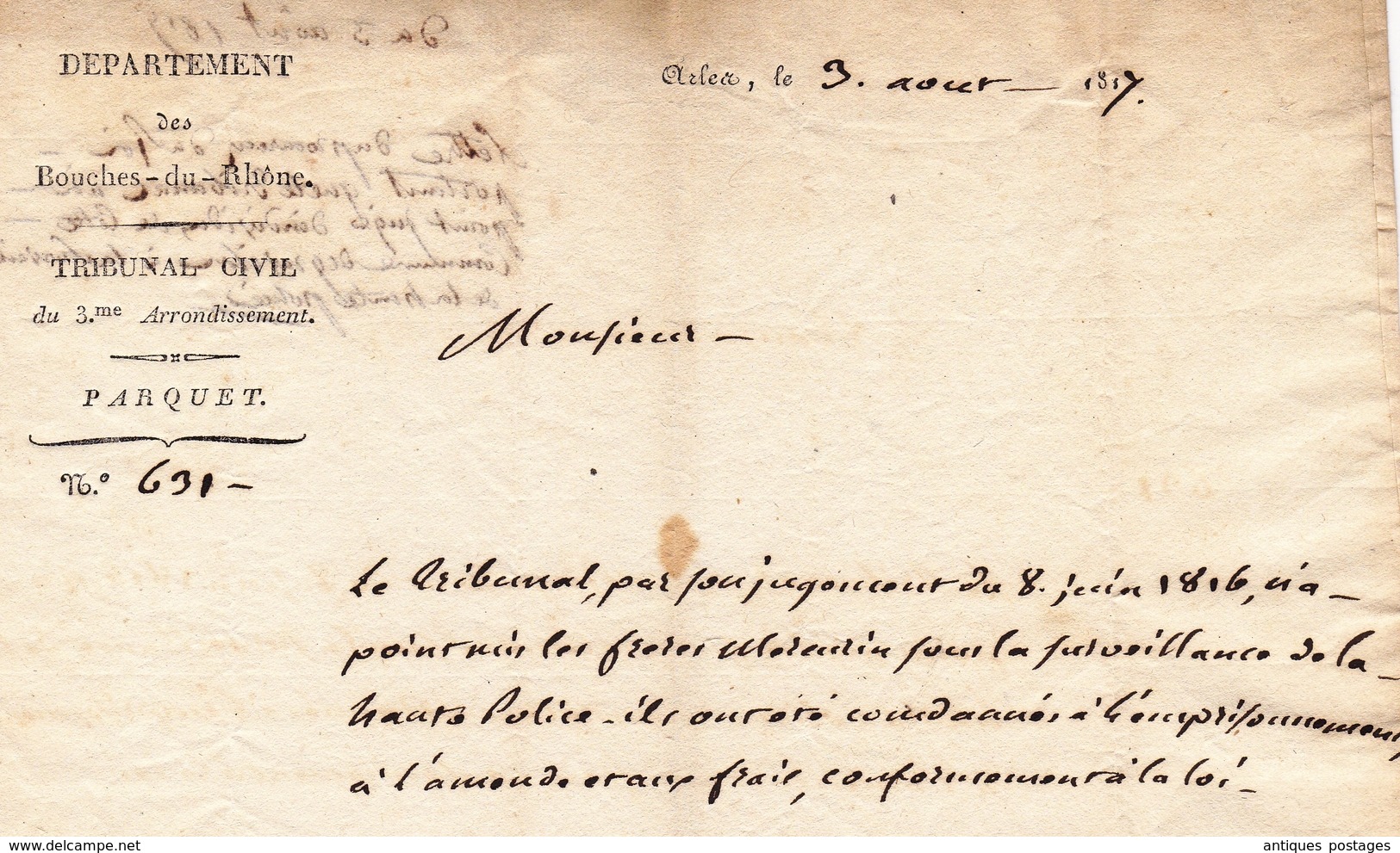 Lettre 1817 ARLES pour Mairie de GRAVESON Bouches-du-Rhône Tribunal Civil Parquet Procureur du Roi