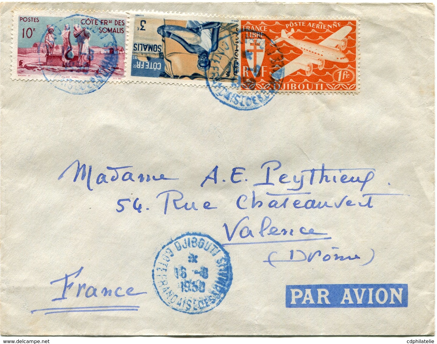 COTE FRANCAISE DES SOMALIS LETTRE PAR AVION DEPART DJIBOUTI 18-8-1950 POUR LA FRANCE - Lettres & Documents