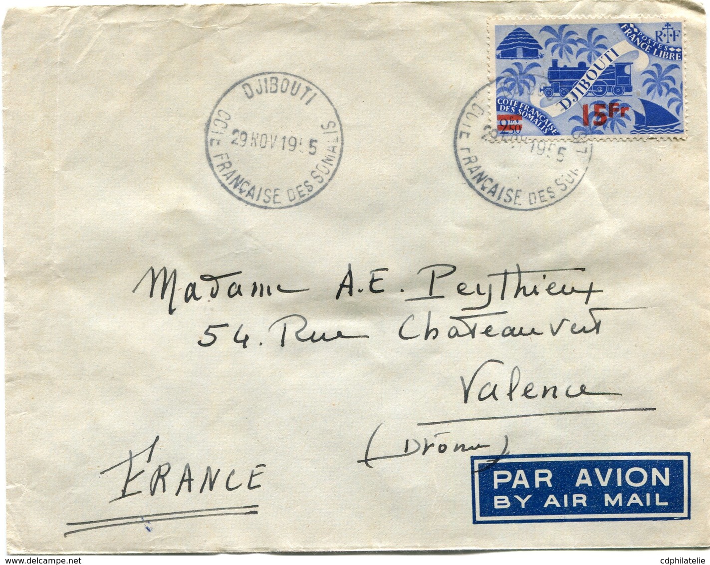 COTE FRANCAISE DES SOMALIS LETTRE PAR AVION DEPART DJIBOUTI 29 NOV 1955 POUR LA FRANCE - Lettres & Documents