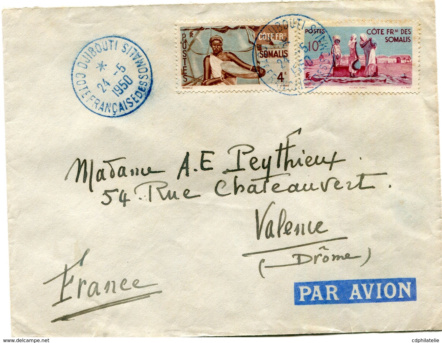 COTE FRANCAISE DES SOMALIS LETTRE PAR AVION DEPART DJIBOUTI 24-5-1950 POUR LA FRANCE - Lettres & Documents