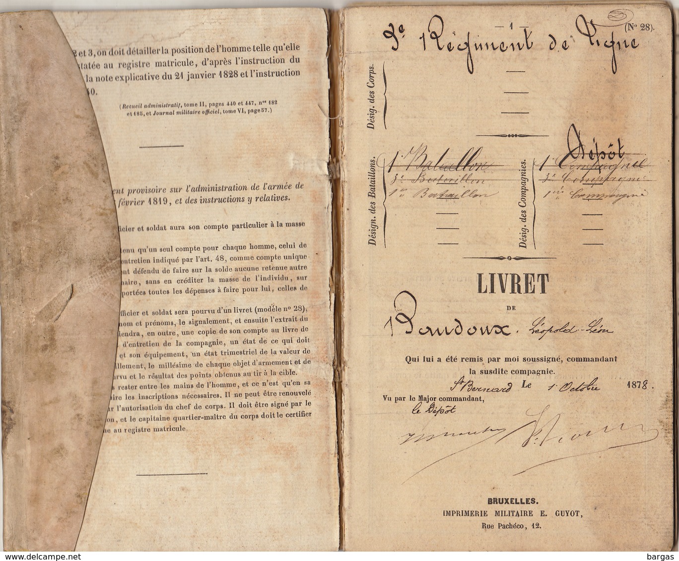 Livret Carnet Militaire D'infanterie De 1878 Baudoux De Roux De La Compagnie De Sart Ou Saint Bernard - Dokumente