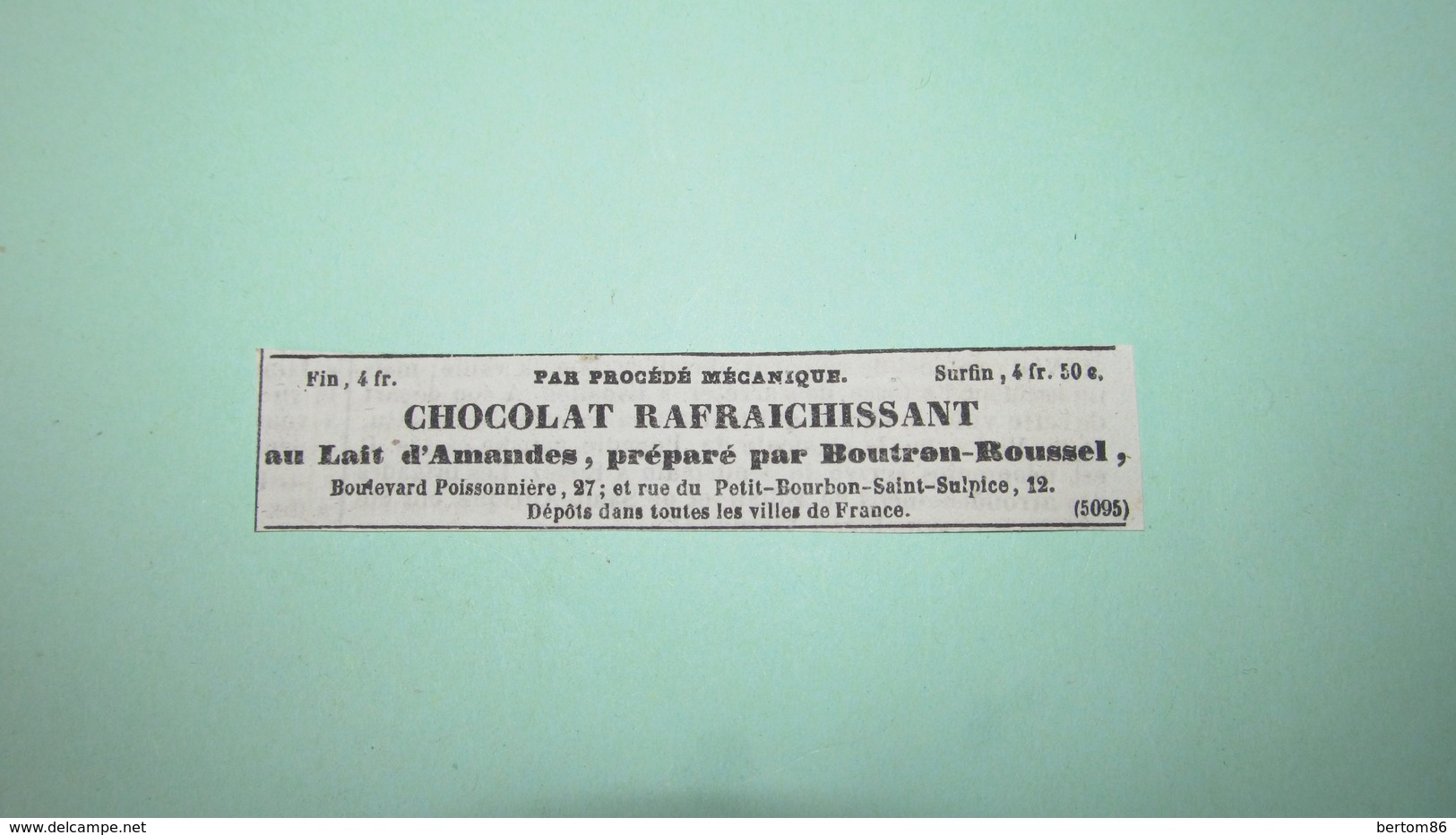 CHOCOLAT RAFRAICHISSANT AU LAIT D' AMANDES Par BOUTRON-ROUSSEL - ANNONCE PUBLICITAIRE DE 1839 - Publicités