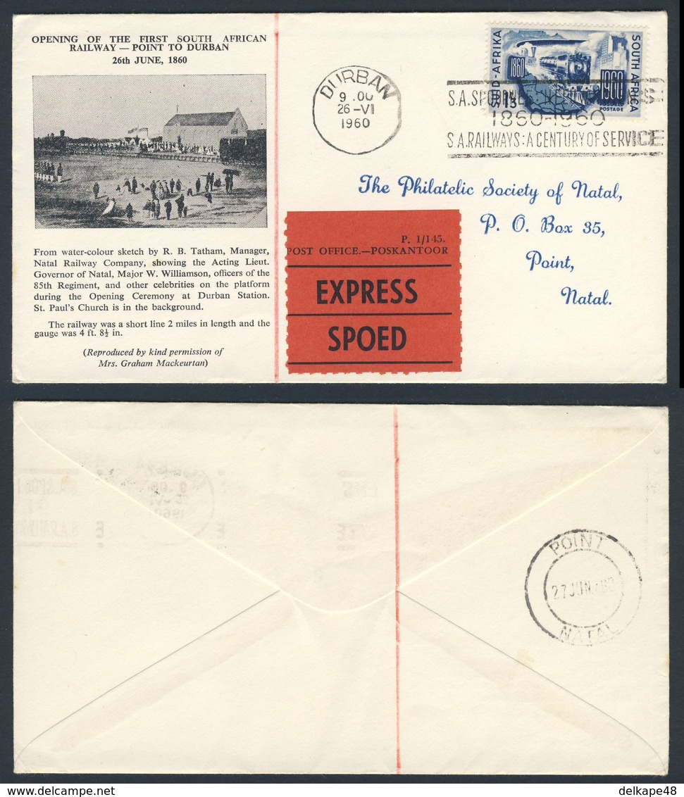 Zuid Afrika South Africa 1960 Cover / Brief / Enveloppe + Mi 272 -opening 1st South African Railway - Point To Duban - Treinen