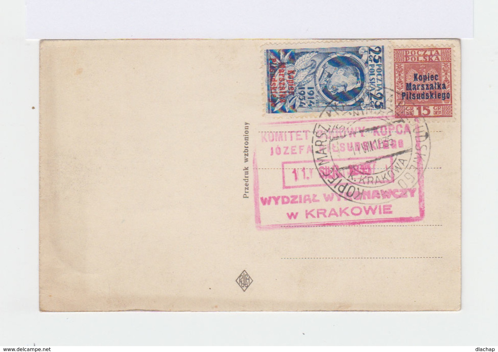 Sur CPA De Cracovie Deux Timbres 1932 34 Surchargés Kopiec Marszalka Pitsudskiego. CAD 1935. Cachet Rouge Komitet. - Machines à Affranchir (EMA)