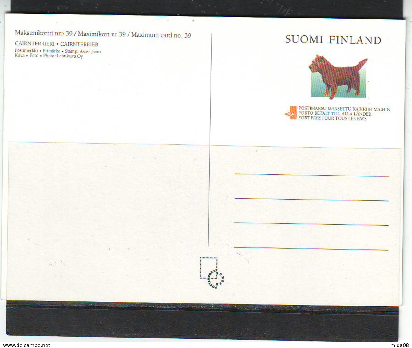 FINLANDE . CARTE MAXIMUM CARD No. 39 . CAIRNTERRIER . FAUNE . CHIEN - Maximumkaarten