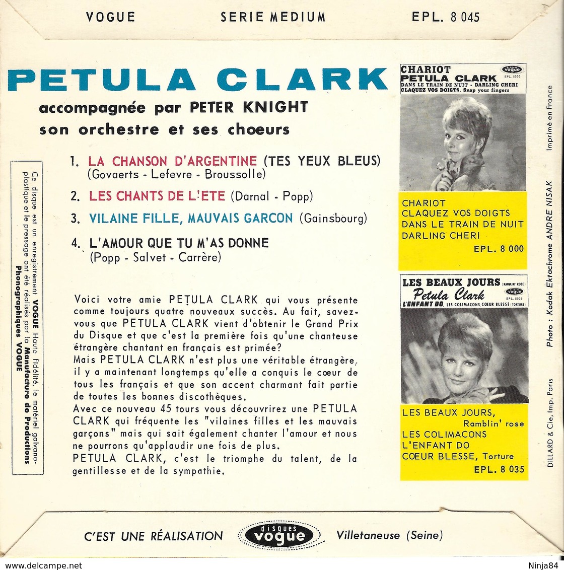 EP 45 RPM (7")  Petula Clark / Serge Gainsbourg   "  La Chanson D'Argentine  " - Other - French Music