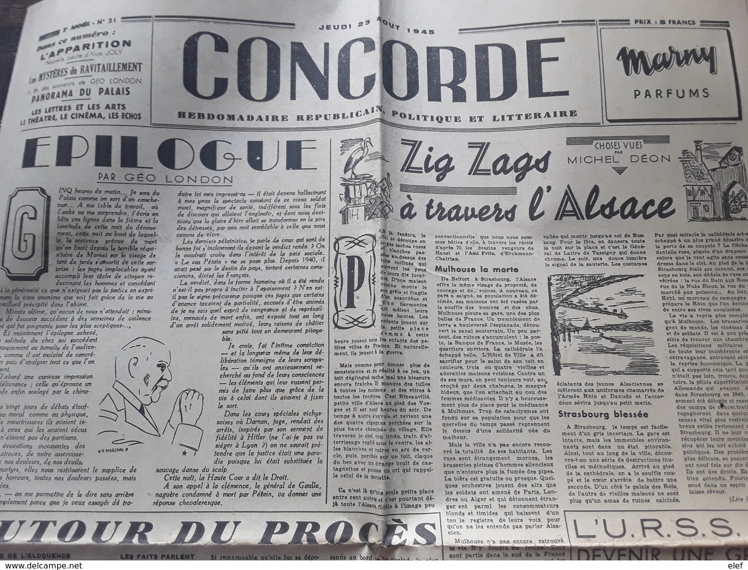 Journal CONCORDE Hebdomadaire Republicain Politique Et Littéraire 23 Aout 1945 Procès PETAIN ,Postdam,philatelie 6 Pages - Altri & Non Classificati