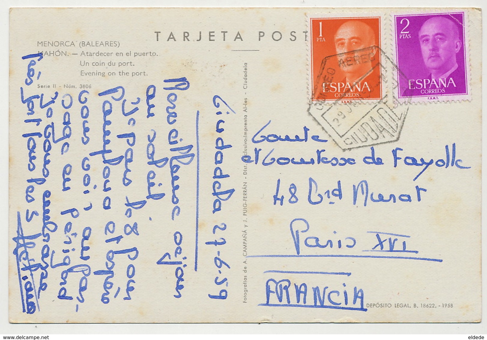 Menorca Mahon Correo Aereo Tamano 10/15 Cms 1959 - Menorca