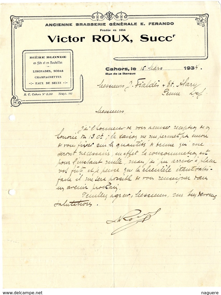 46  CAHORS  BIERE BLONDE  LIMONADES SODA  VICTOR ROUX   -  LETTRE COMMERCIALE POUR PENNE 1934 - Alimentaire