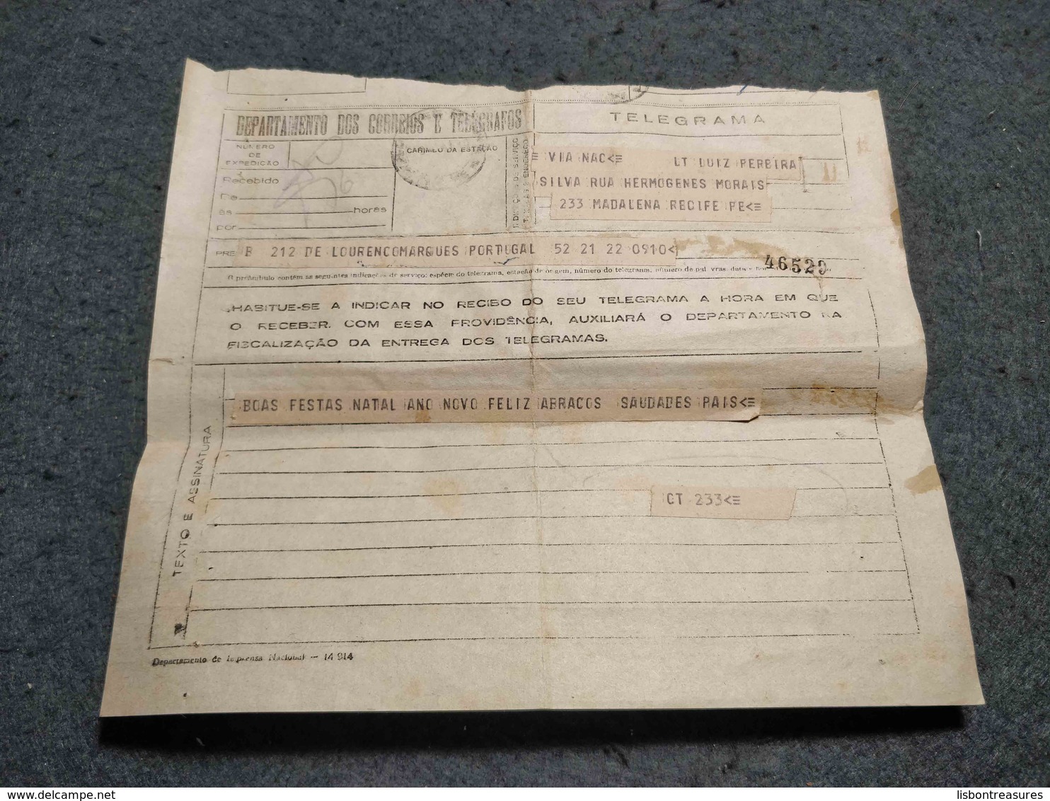 PORTUGAL MOZAMBIQUE CIRCULATED TELEGRAMME TO RECIFE BRAZIL UNKNOWN DATE - Lettres & Documents
