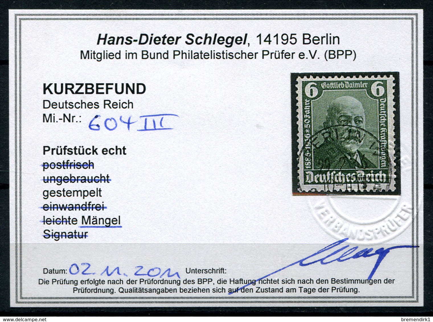 41427) DEUTSCHES REICH Plattenfehler # 604 III Gestempelt KURZBEFUND Aus 1936, 500.- € - Used Stamps