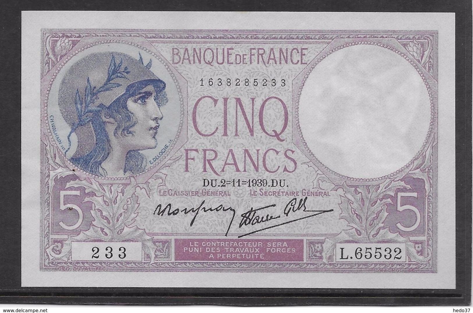 France 5 Francs Violet Type 1917 Modifié - 2-11-1939 - Fayette N° 4-14 - SPL - 5 F 1917-1940 ''Violet''