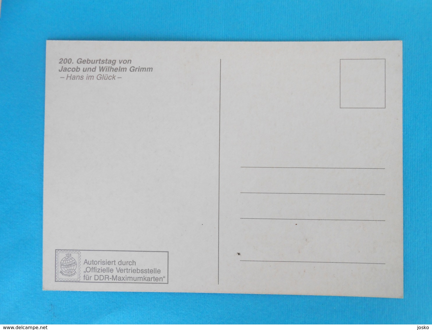 200. GEBURTSTAG VON JACOB UND WILHELM GRIMM ... Hans Im Gluck ... East Germany DDR Maximum Card MC CM - Other & Unclassified