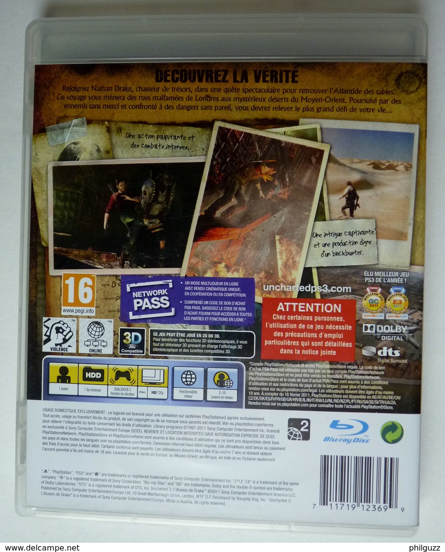 JEU Playstation JEU PS3  UNCHARTED 3 L'illusion De Drake  AVEC BOITIER ET LIVRET - PS3