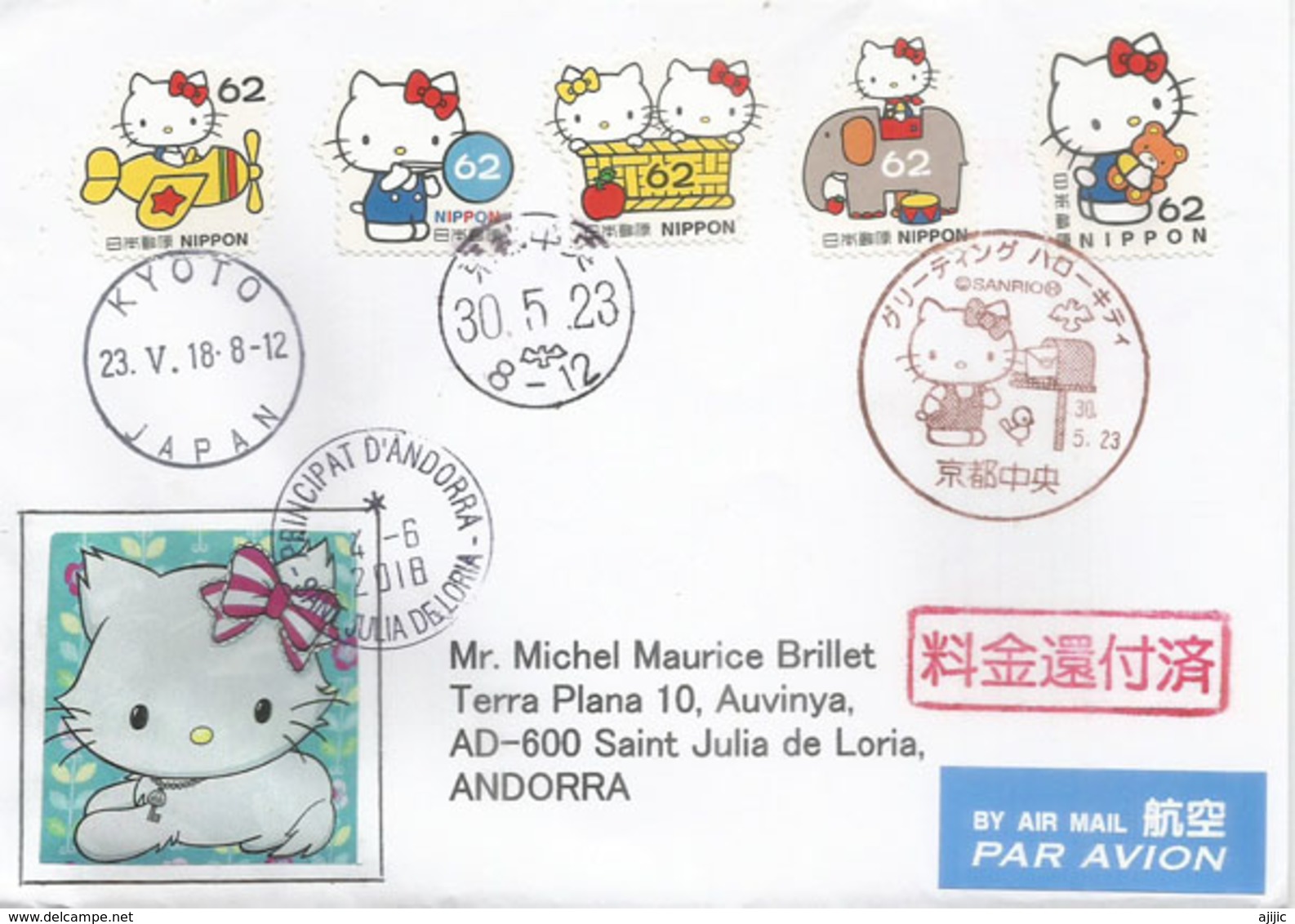 JAPON.  Hello Kitty (Sanrio Co., Ltd), Sur Lettre Adressée En Andorre, Avec Timbre  à Date Arrivée - Comics