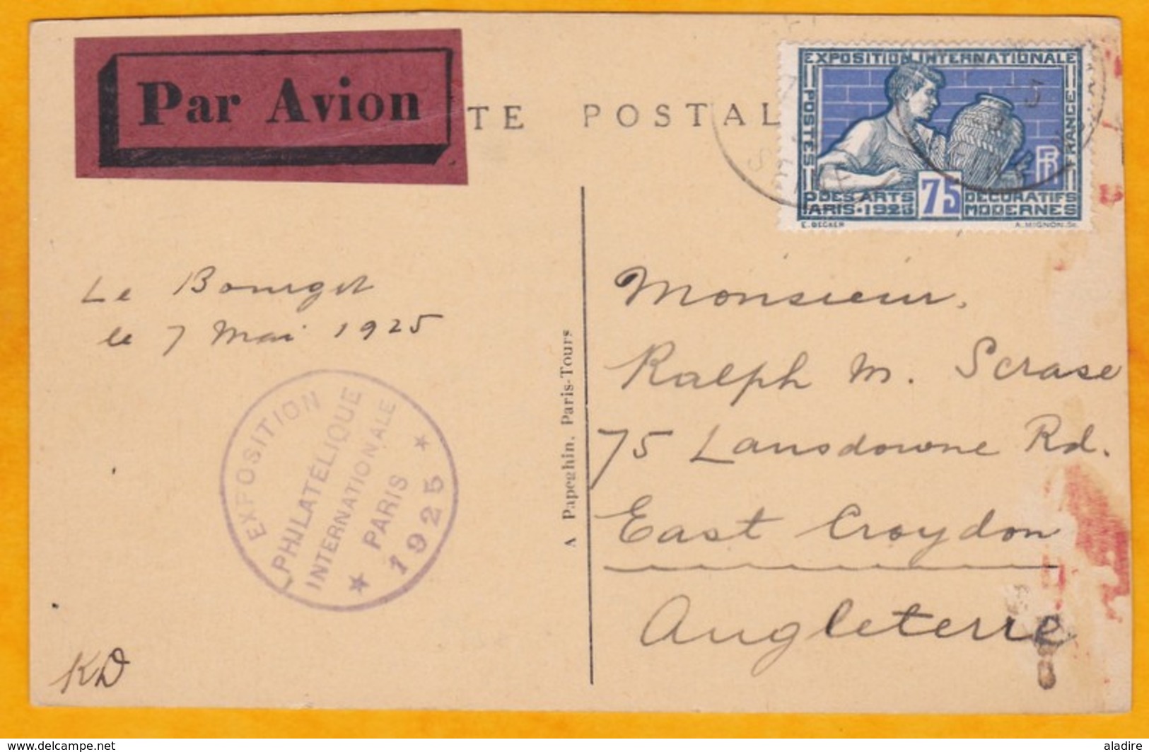 1925 - CP De Paris De Charleville Vers  East Croydon Par Avion - Obl Expo Philatélique  Internationale - Sacré Coeur - 1927-1959 Covers & Documents