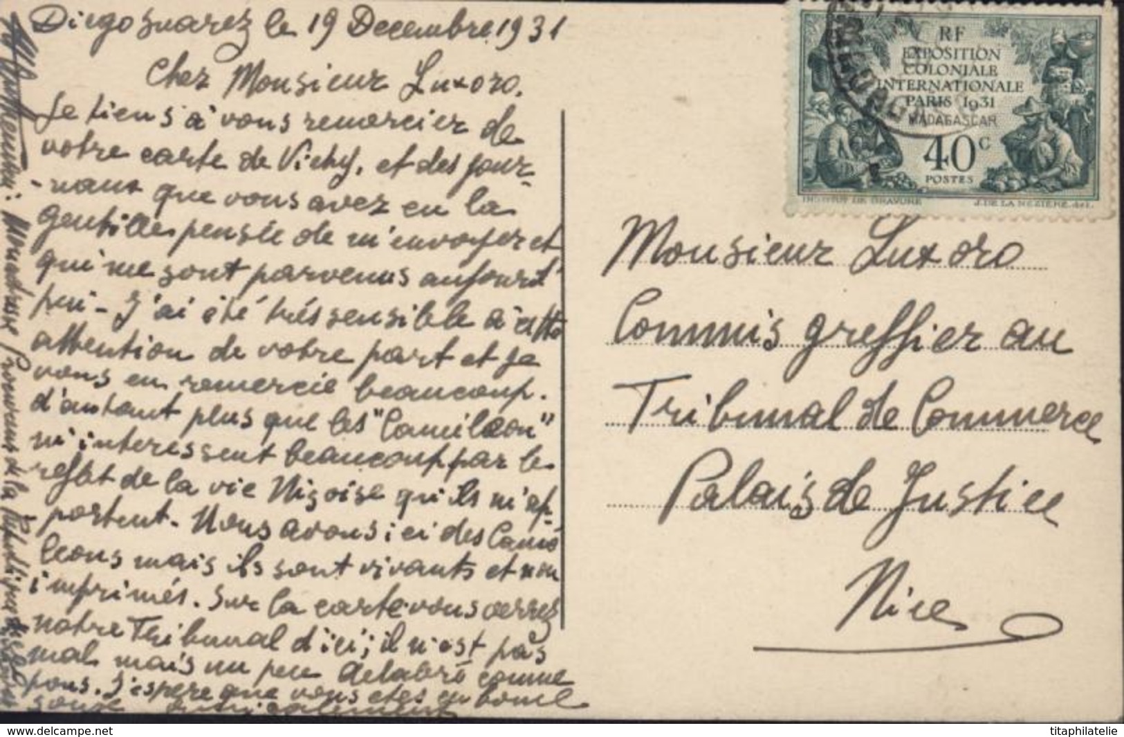 CPA Diégo Suarez La Rue Flacourt YT 179 CAD Madagascar Dec 31 Dans Texte 19 12 1931 Pour Nice - Madagaskar