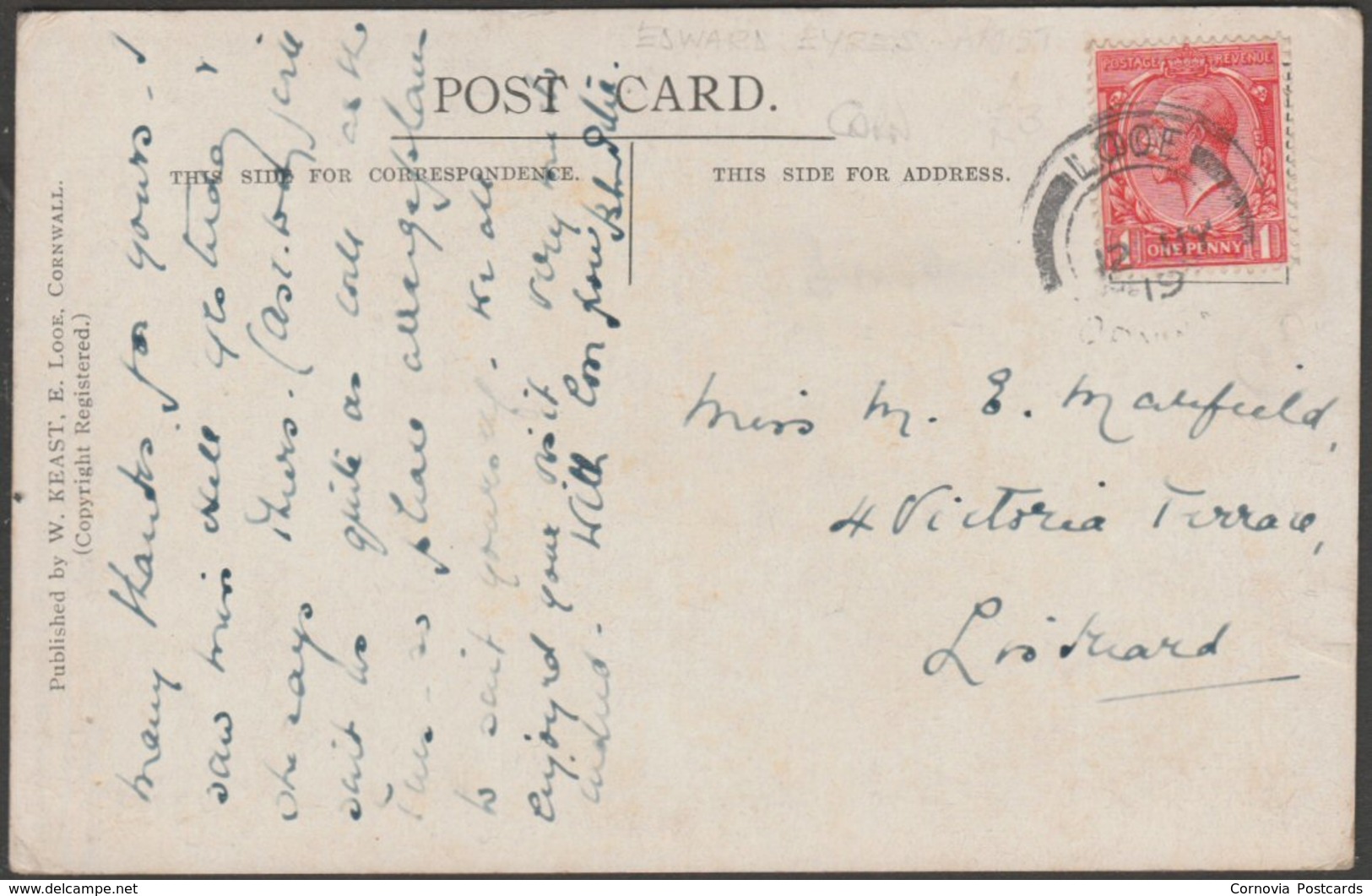 Edward Eyres - Reading Room, Looe, Cornwall, 1919 - Keast Postcard - Other & Unclassified