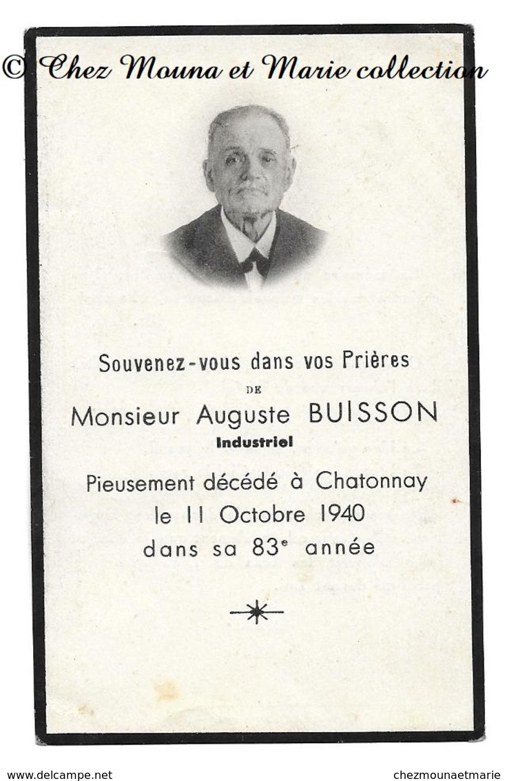 L INDUSTRIEL AUGUSTE BUISSON DECEDE 11 OCTOBRE 1940 A CHATONNAY ISERE - AVIS DE DECES - Décès