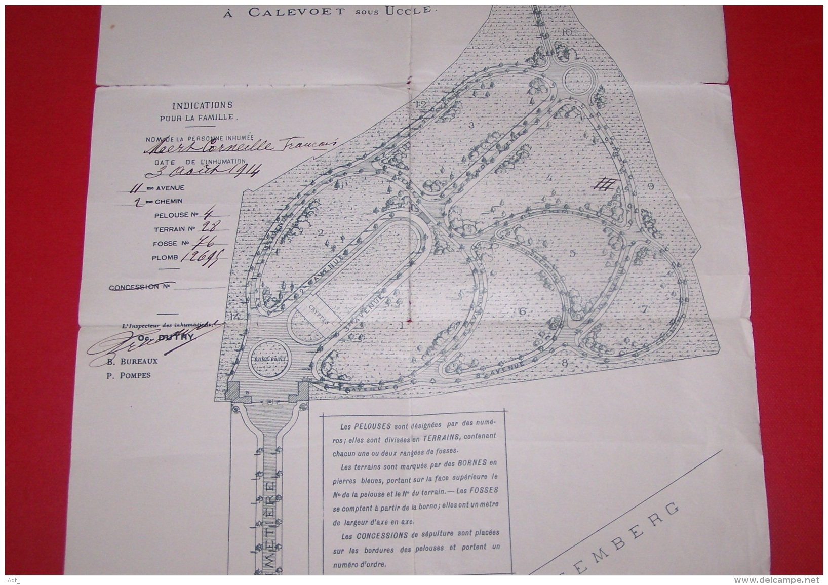 ANCIEN PLAN DU CIMETIERE DE ST SAINT GILLES A CALEVOET SOUS UCCLE, 3 AOUT 1914 - Documents Historiques