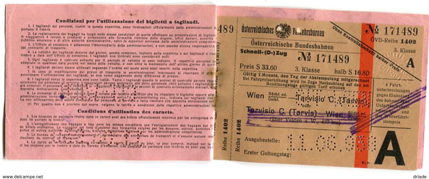 BIGLIETTO DI VIAGGIO CIT COMPAGNIA ITALIANA TURISMO WIEN TARVISIO ANNO 1938 - Altri & Non Classificati