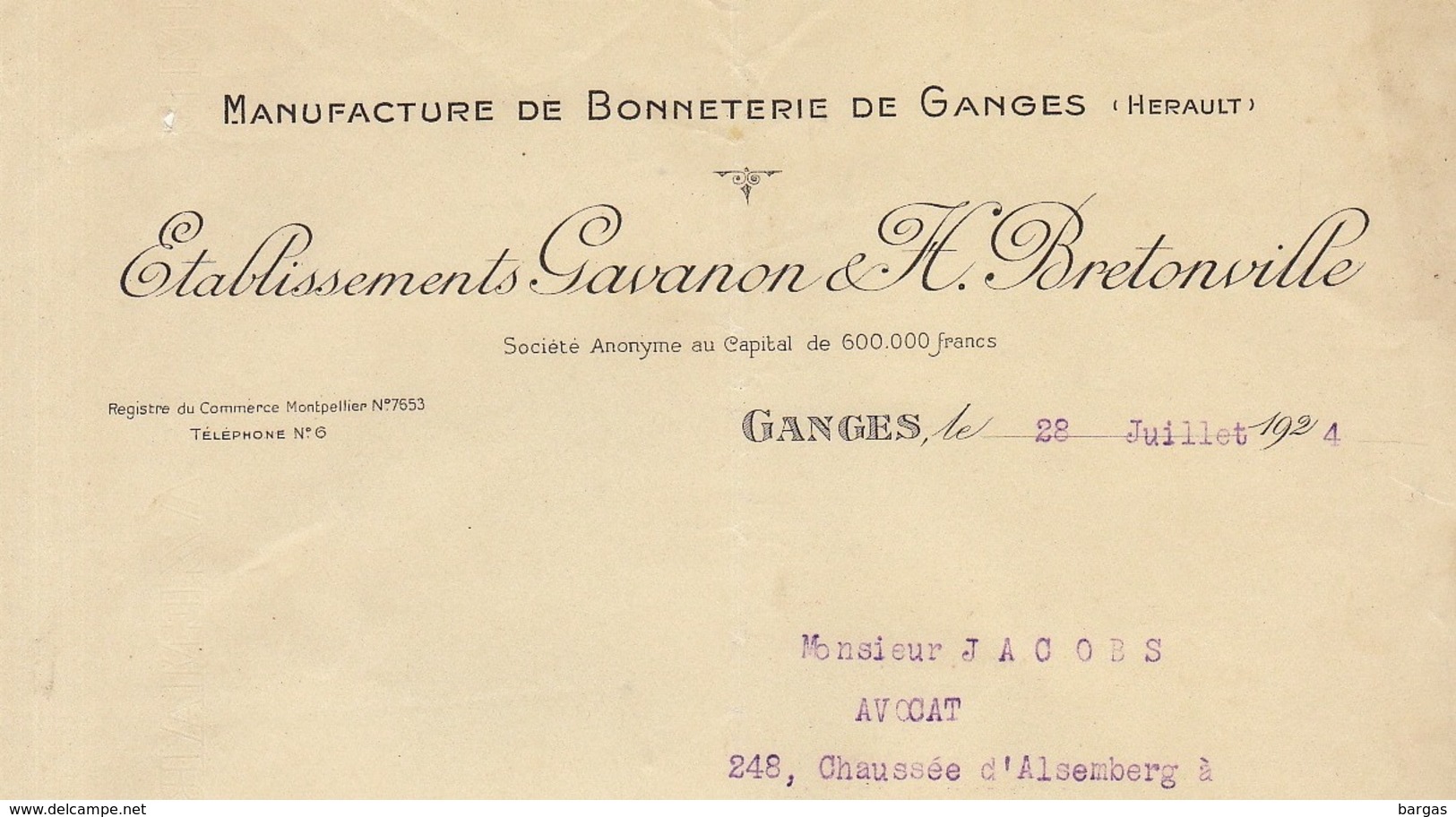 Gavanon Et Bretonville Manufacture De Bonneterie à Ganges Hérault - 1900 – 1949