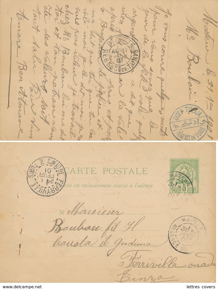 Cachet Bilingue  " OUED TINDJA REGENCE DE TUNIS " DISTRIBUTION AUXILIAIRE - MATEUR FERRYVILLE BIZERTE 1901 CP ENTIER - Briefe U. Dokumente