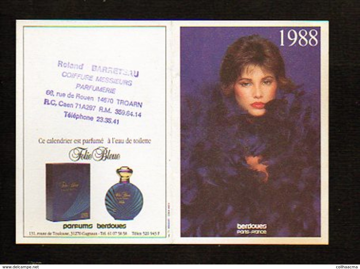 1988 Calendrier De Poche Parfumé / Parfums Berdoues "Folie Bleue " Eau De Toilette / Coiffure R. Barreteau Troarn 14 - Petit Format : 1971-80