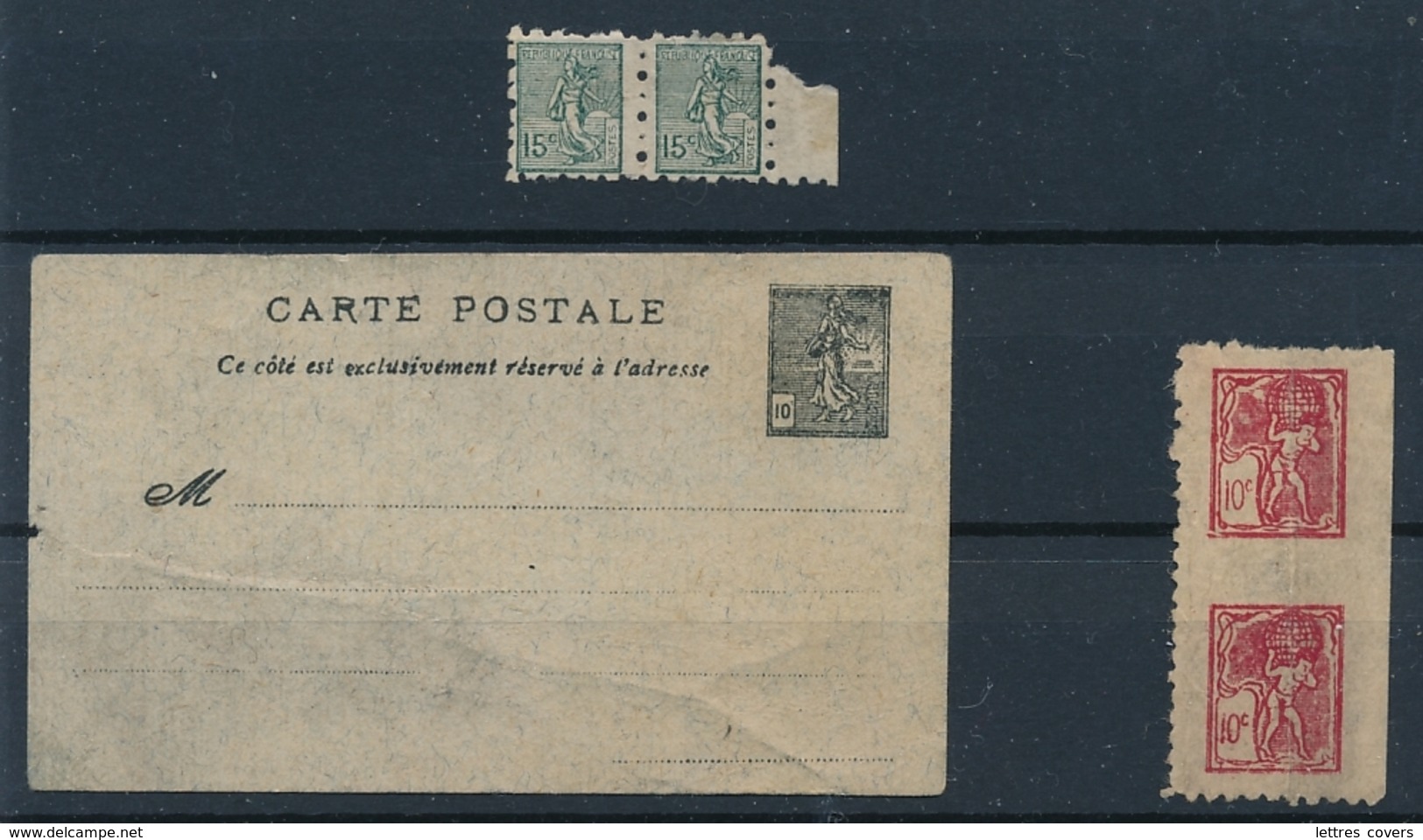 POSTE ENFANTINE : Paire SEMEUSE N°130 - ENTIER CP Semeuse 10c - Paire ATLAS 10c - Post