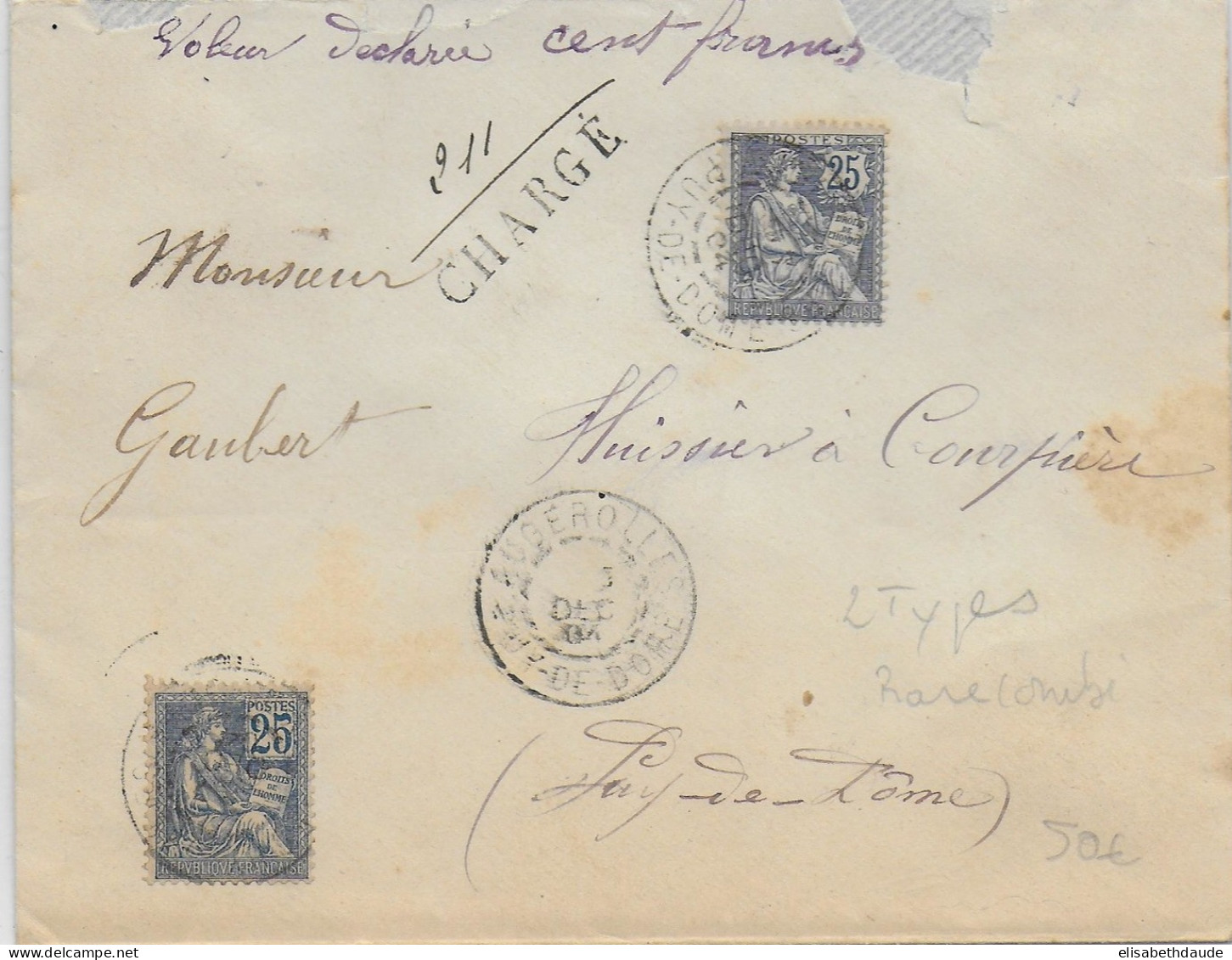 1904 - TYPES MOUCHON DIFFERENTS (RARE) Sur LETTRE CHARGEE De AUGEROLLES (PUY DE DOME) - 1900-02 Mouchon