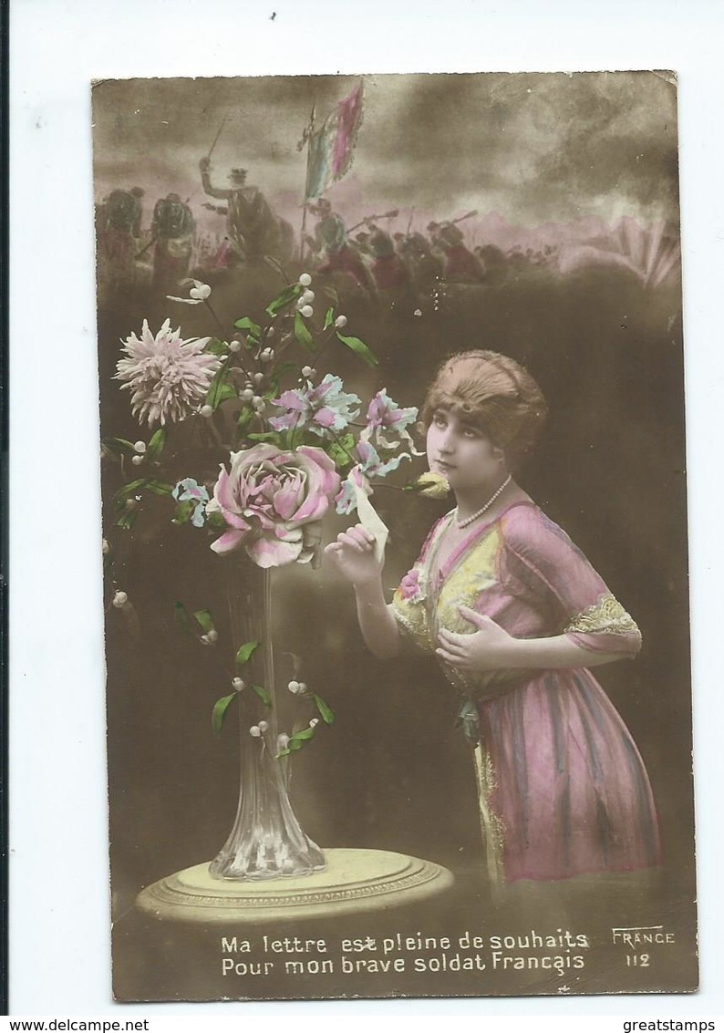 Franch Hand Coloured Postcard Glamour Lady Letter For Soldiers   P.chene Paris On Active Service 1919 - Pin-Ups