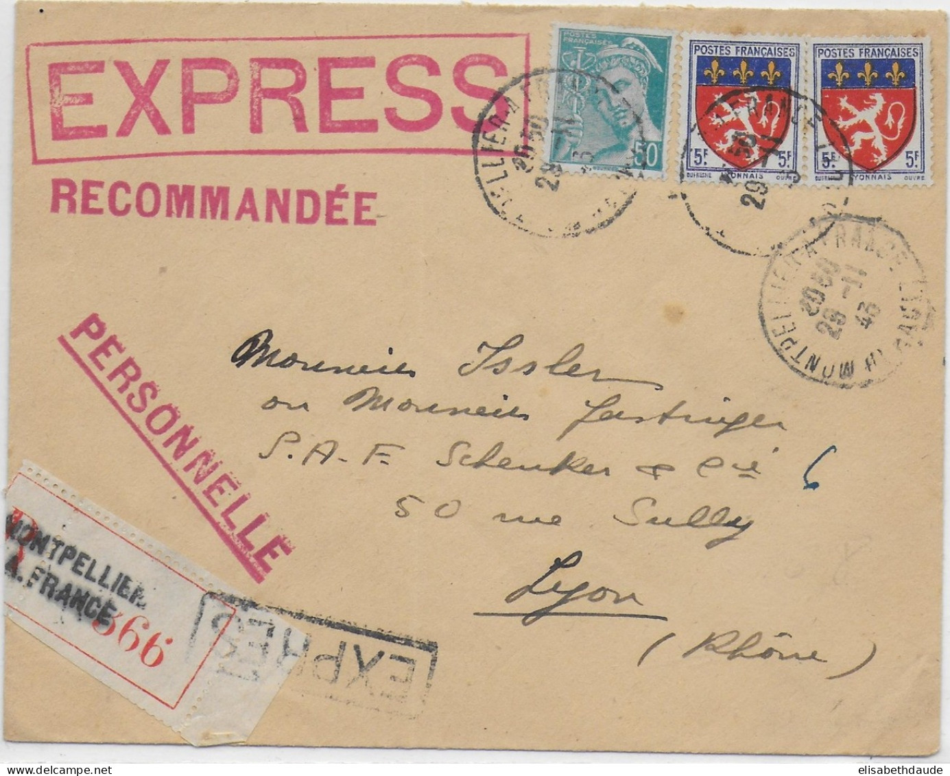 1943 - LETTRE RECOMMANDEE EXPRES De MONTPELLIER (HERAULT) => LYON - MERCURE - 1941-66 Stemmi E Stendardi