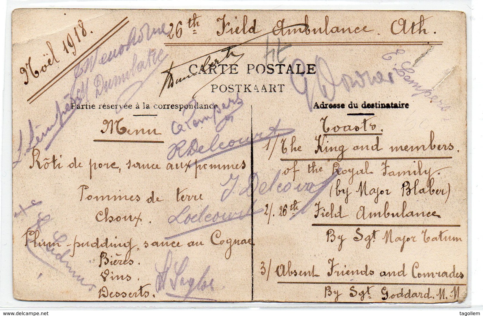 Ath, Institut Des Dames De St François De Sales, Ath.Menu Repas Noël 1918 26th Field Ambulance Royal Army Medical Corps - Ath