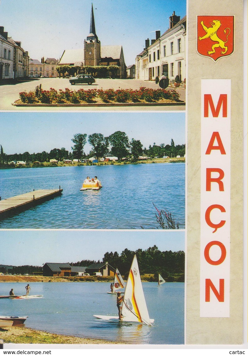 D72 - MARCON - MULTIVUES - (BLASON - PLACE AVEC L'EGLISE - BORDS DU LOIR PEDALO PLANCHES A VOILE) - CPSM Grand Format - Autres & Non Classés